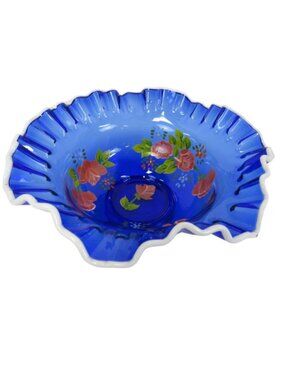 Fenton MCM RARE VINTAGE Cobalt Blue SNOWCREST Ruffled Edge Bowl, 9" Dia., 5"H